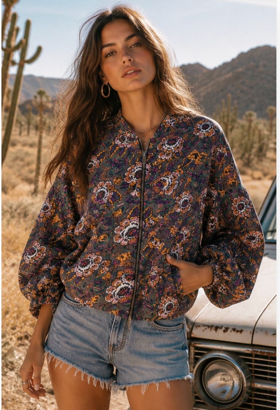 Free People Floral Bomber Jacket Balloon Sleeves Zip Front Boho Size Small